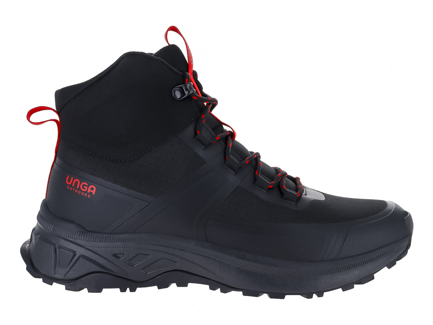 Botas deportivas UNGA color negro con detalles en rojo, diseñadas para actividades al aire libre y senderismo.