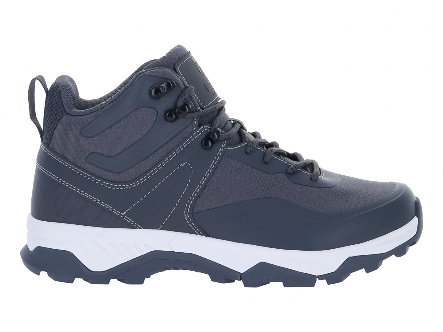 Bota deportiva de color gris con suela blanca y cordones, vista lateral sobre fondo blanco.