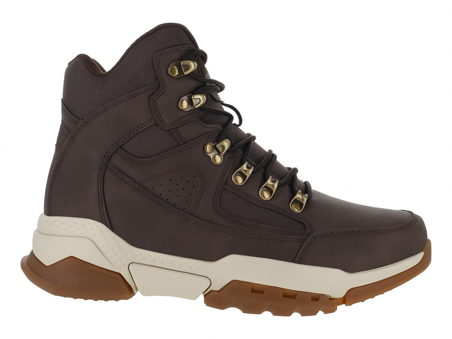 Bota deportiva de color marrón con suela beige y marrón, diseño robusto para actividades al aire libre.