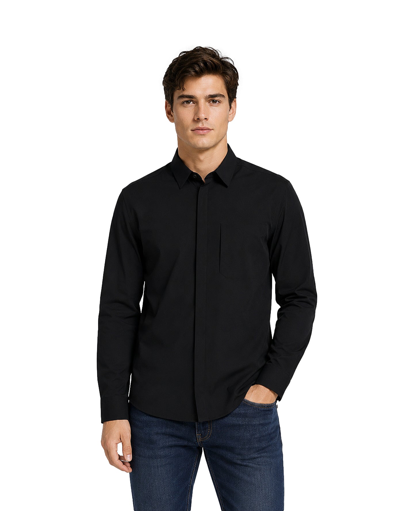 Hombre vistiendo una camisa negra de manga larga con cuello y botones.